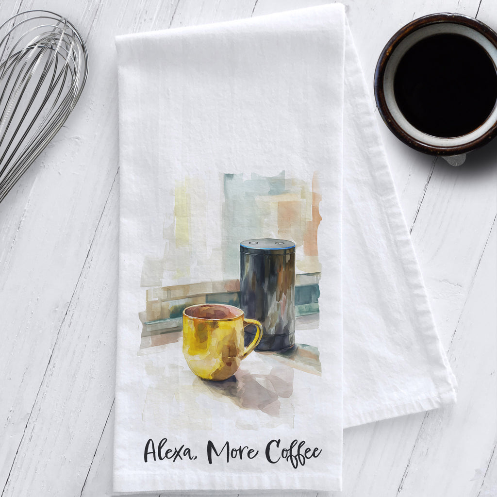 Watercolor tea towel with yellow coffee mug and Amazon Echo, featuring the phrase “Alexa, More Coffee” on white cotton flour sack fabric.