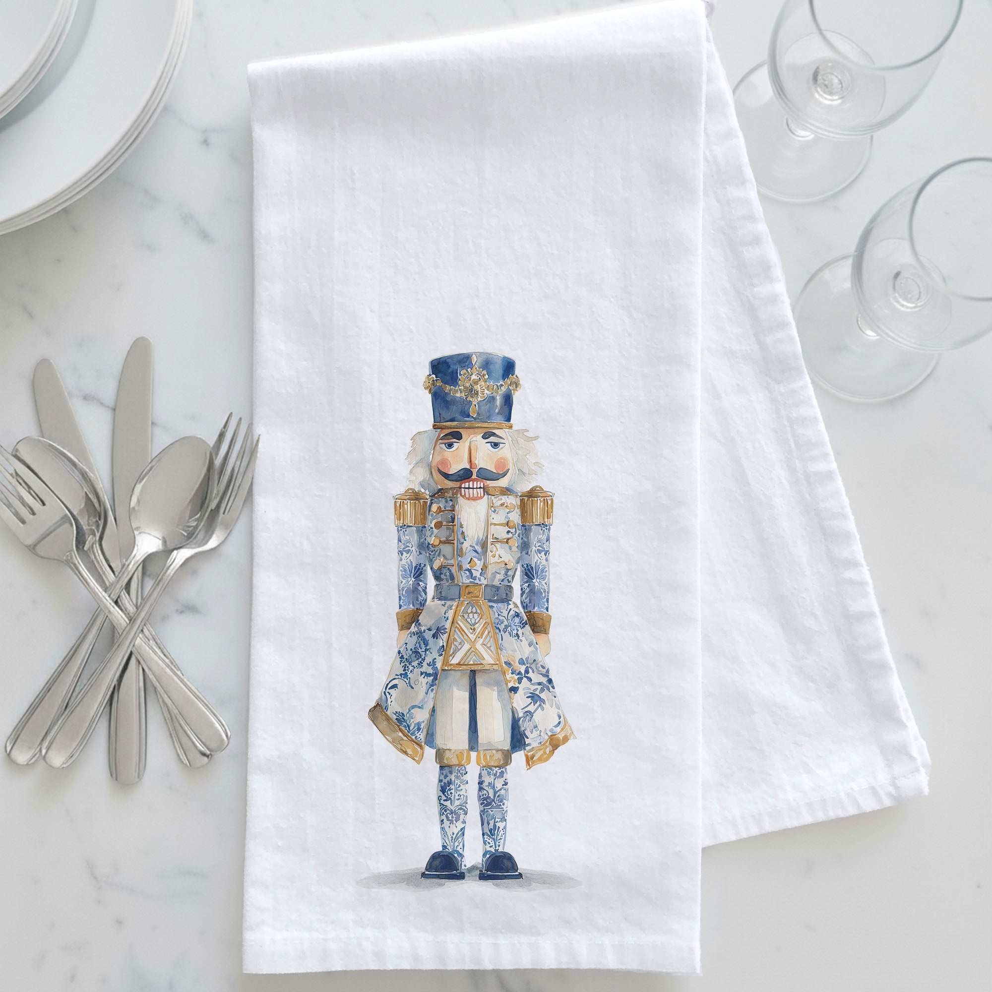 Blue and White Chinoiserie Nutcracker Kitchen Tea Towel