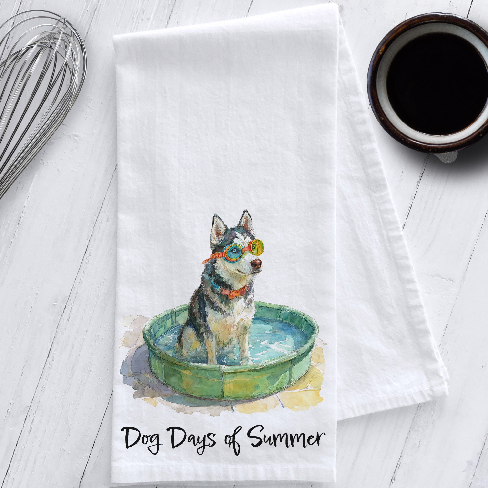 Whimsical Siberian Husky Tea Towel - "Dog Days of Summer"