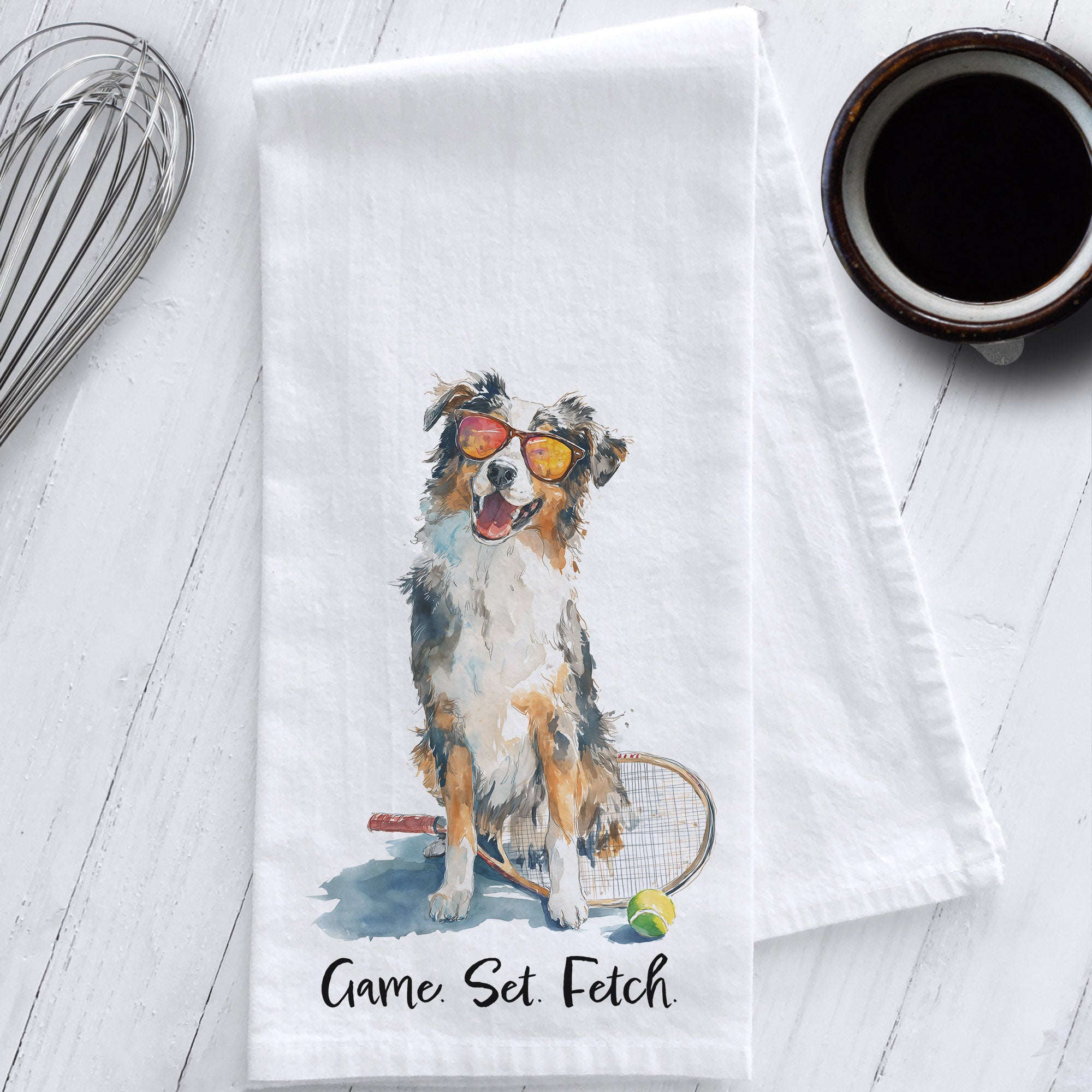 Watercolor Australian Shepherd Tennis Dog Cotton Tea Towel – Funny Aussie Dog Kitchen Towel with Racket – Game Set Fetch Flour Sack Towel