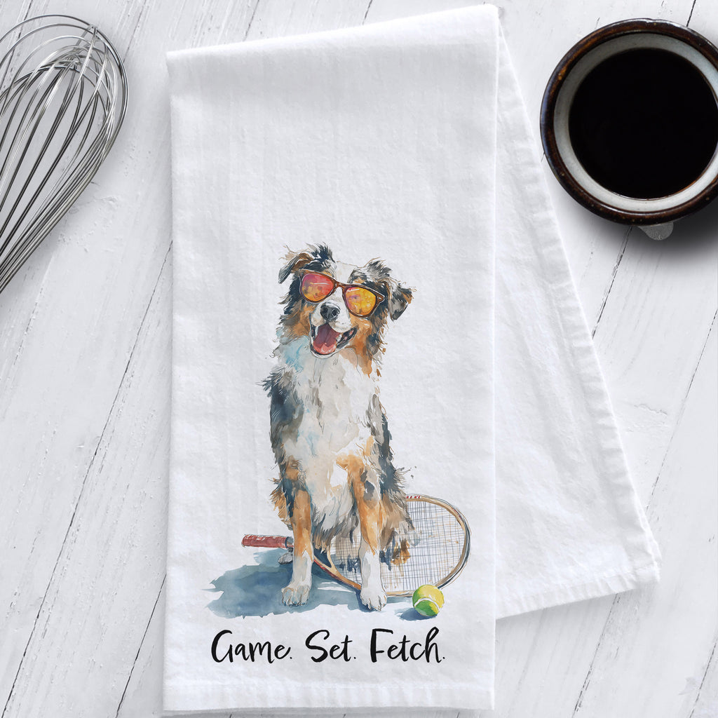Watercolor Australian Shepherd Tennis Dog Cotton Tea Towel – Funny Aussie Dog Kitchen Towel with Racket – Game Set Fetch Flour Sack Towel
