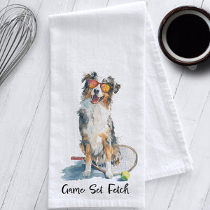 Watercolor Australian Shepherd Tennis Dog Cotton Tea Towel – Funny Aussie Dog Kitchen Towel with Racket – Game Set Fetch Flour Sack Towel