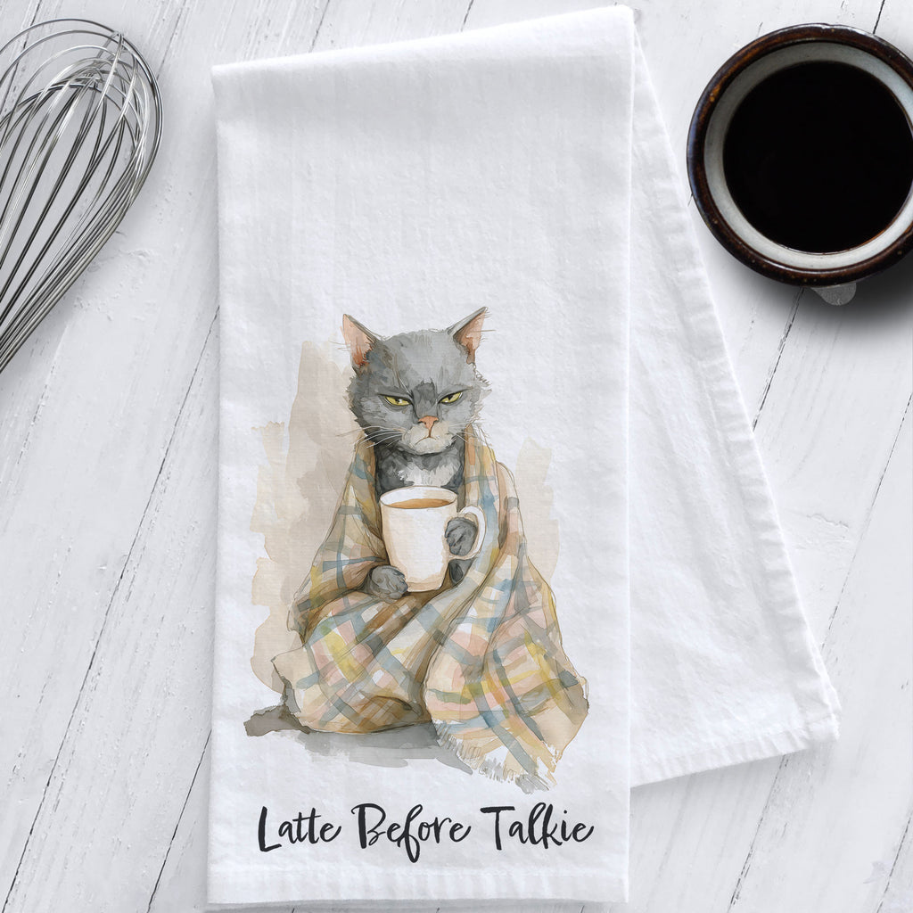 Funny watercolor cat tea towel with coffee mug and plaid blanket – “Latte Before Talkie” design on 100% cotton flour sack towel