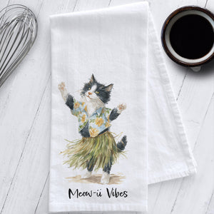 Whimsical Cat Tea Towel – Hula Dancing Cat "Meow-ii Vibes"