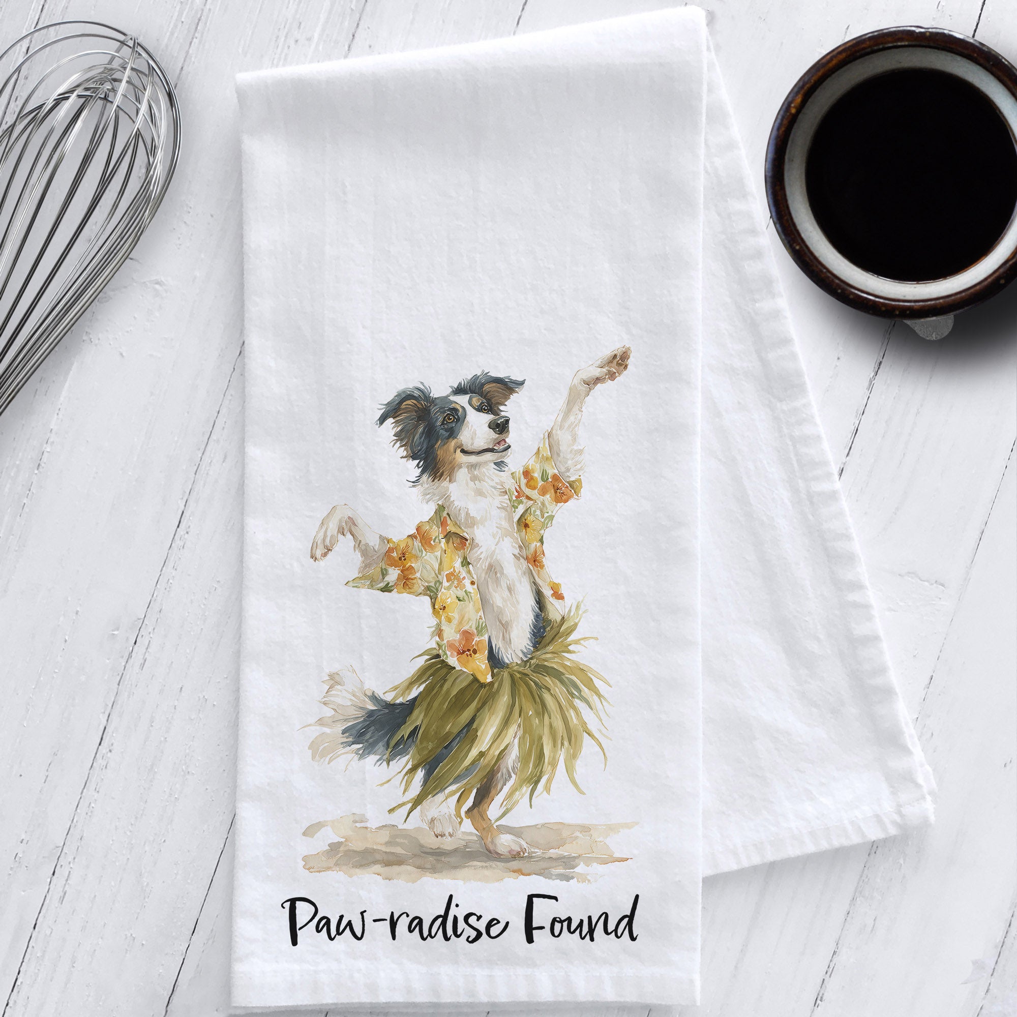Whimsical Border Collie Tea Towel - "Paw-radise Found"