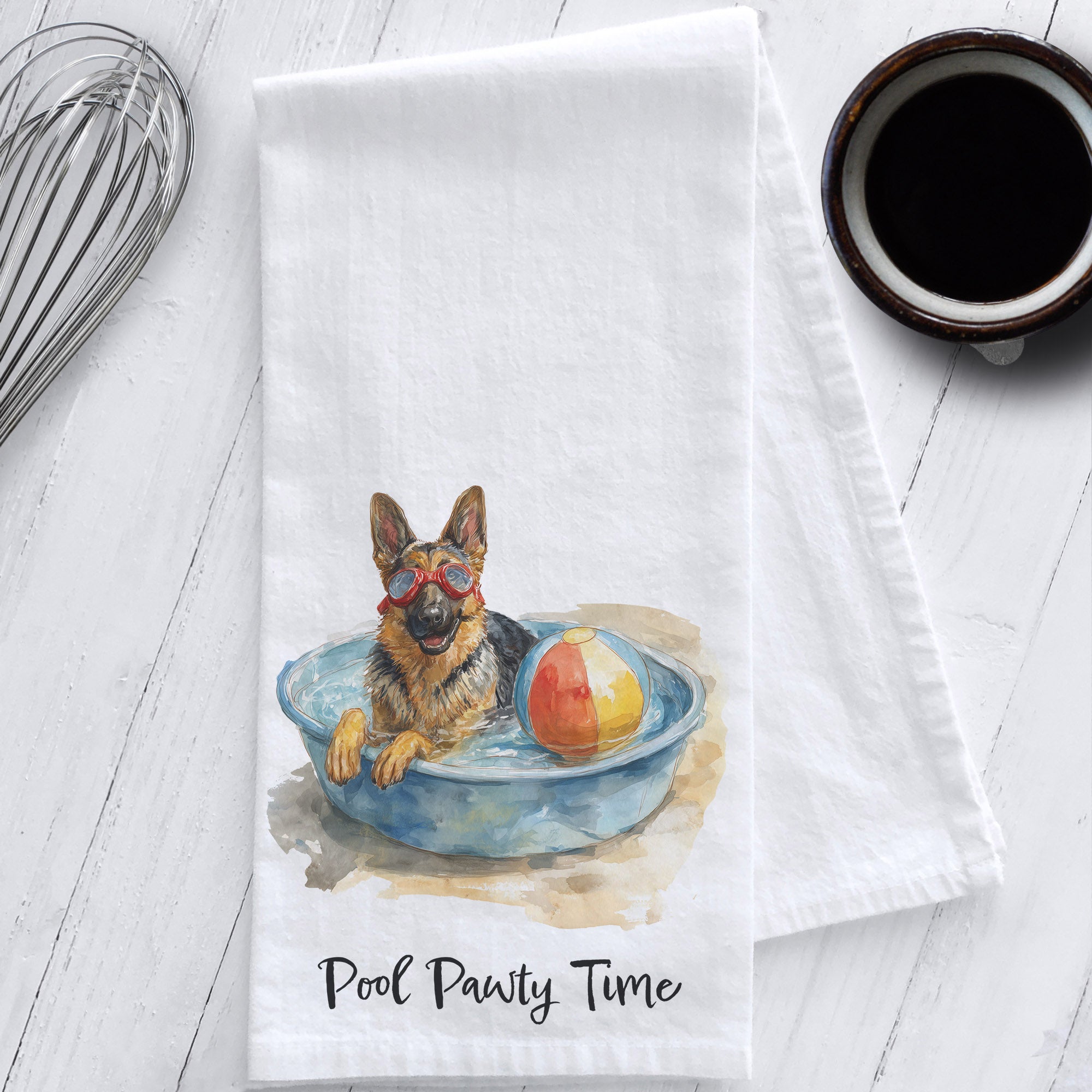 Whimsical German Shepherd kitchen tea towel – 100% cotton flour sack featuring watercolor art of a playful dog in a pool, eco-friendly and handmade.