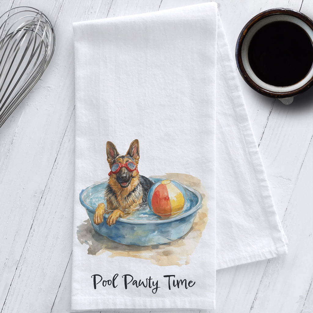 Whimsical German Shepherd kitchen tea towel – 100% cotton flour sack featuring watercolor art of a playful dog in a pool, eco-friendly and handmade.