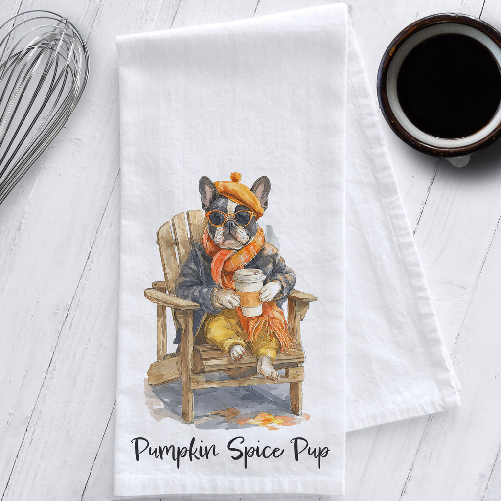 French bulldog in fall outfit holding pumpkin spice latte, watercolor dog art on 100% cotton flour sack tea towel – cozy autumn kitchen decor.