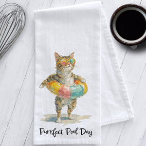 Whimsical Cat Tea Towel – "Purrfect Pool Day"