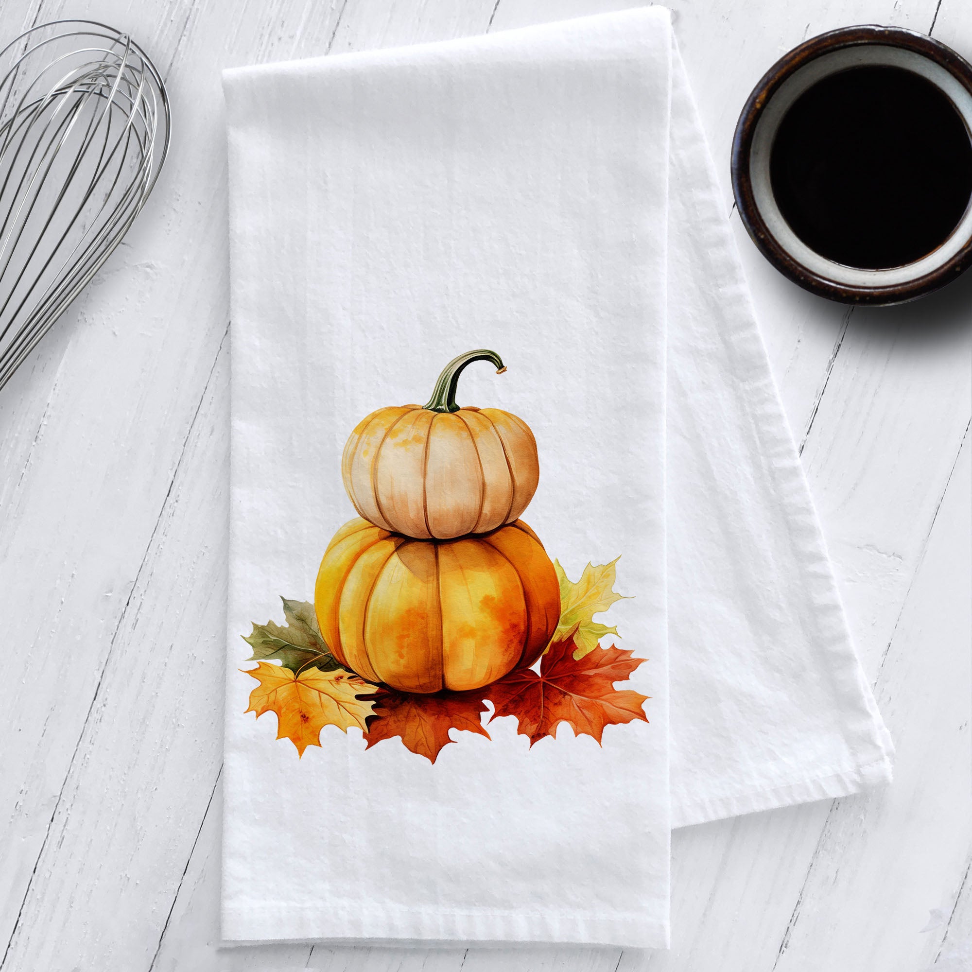 Stacked Pumpkins with Fall Leaves Kitchen Tea Towel