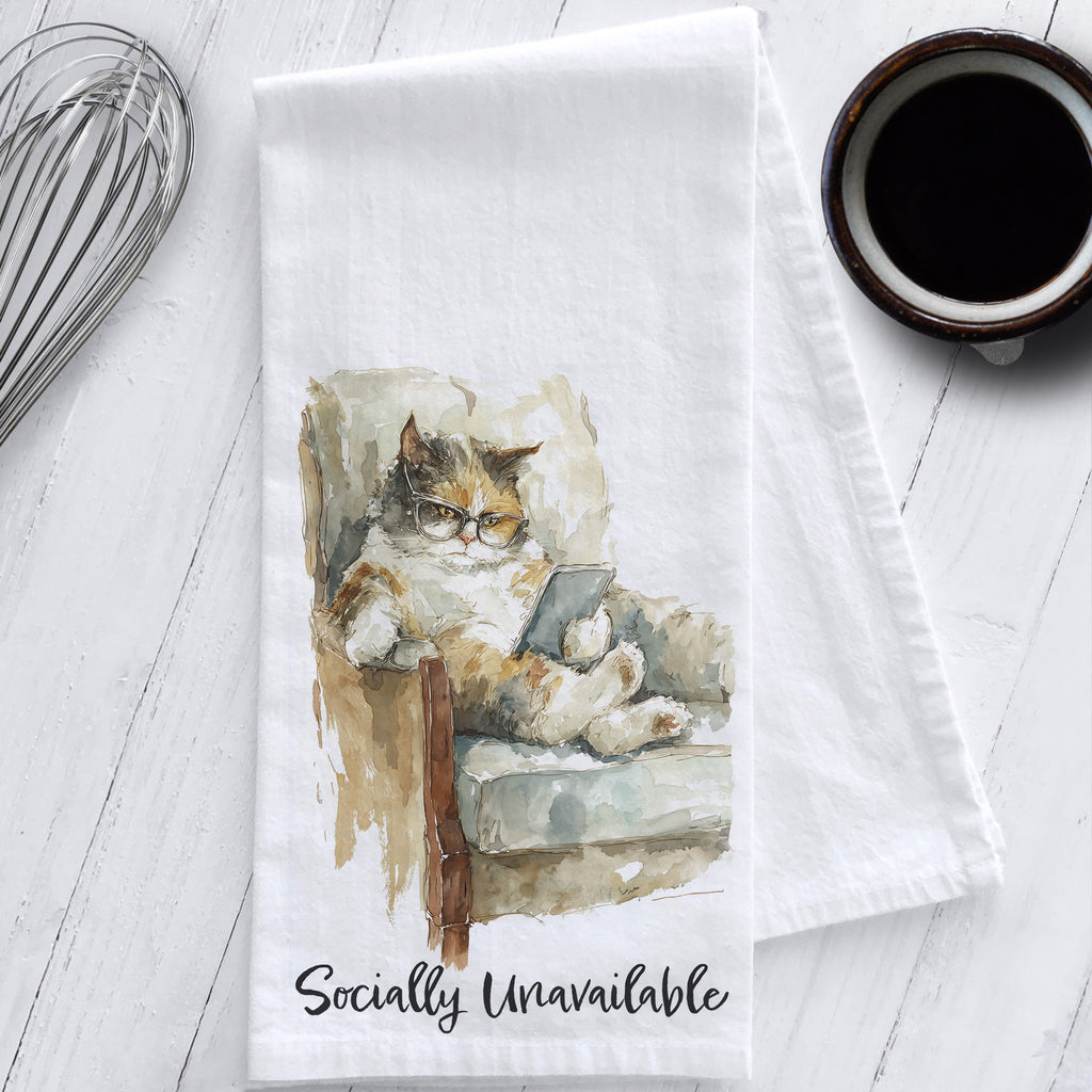 Funny watercolor cat tea towel featuring a grumpy cat with glasses scrolling her phone – “Socially Unavailable” on cotton flour sack towel

