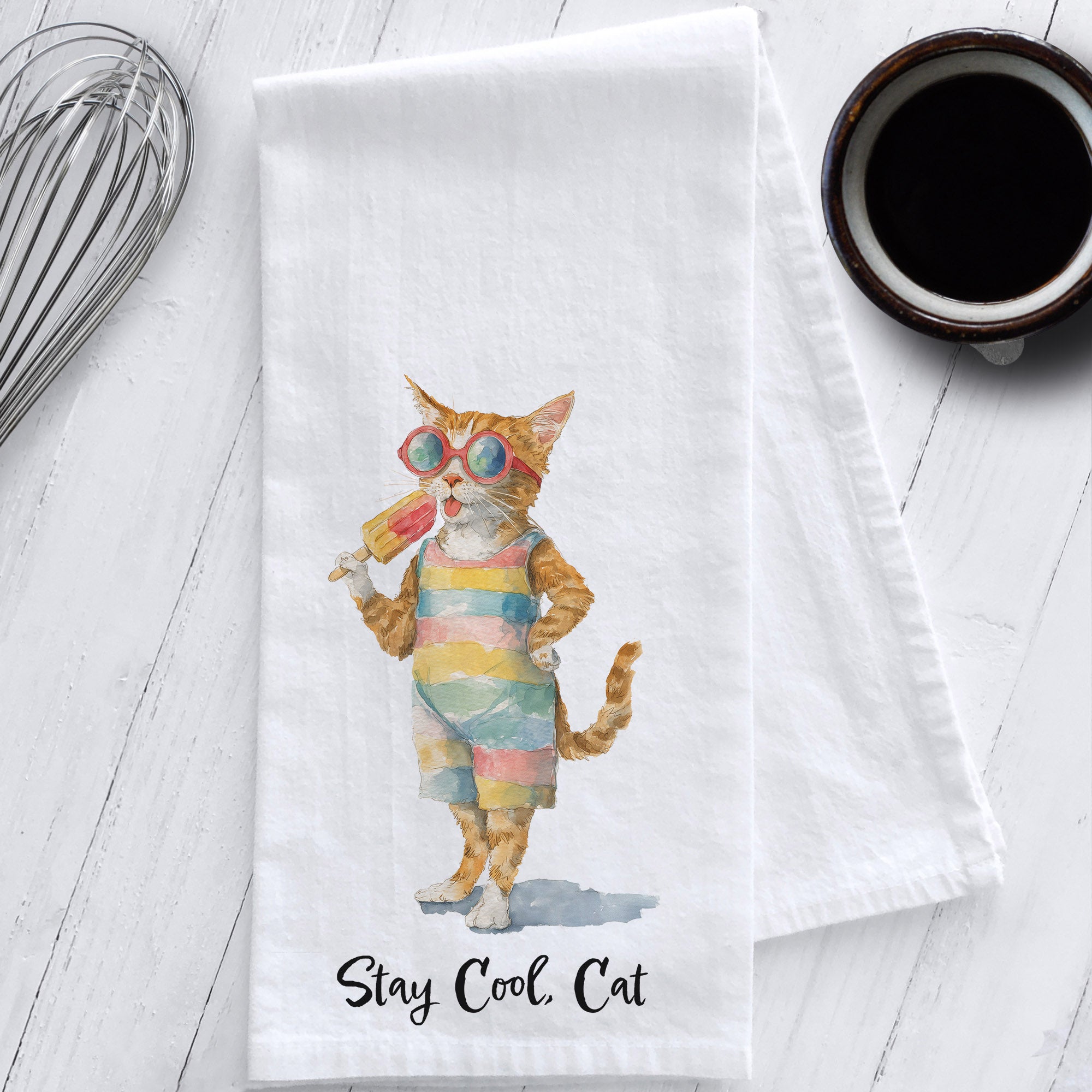 Whimsical Cat Tea Towel – "Stay Cool, Cat"