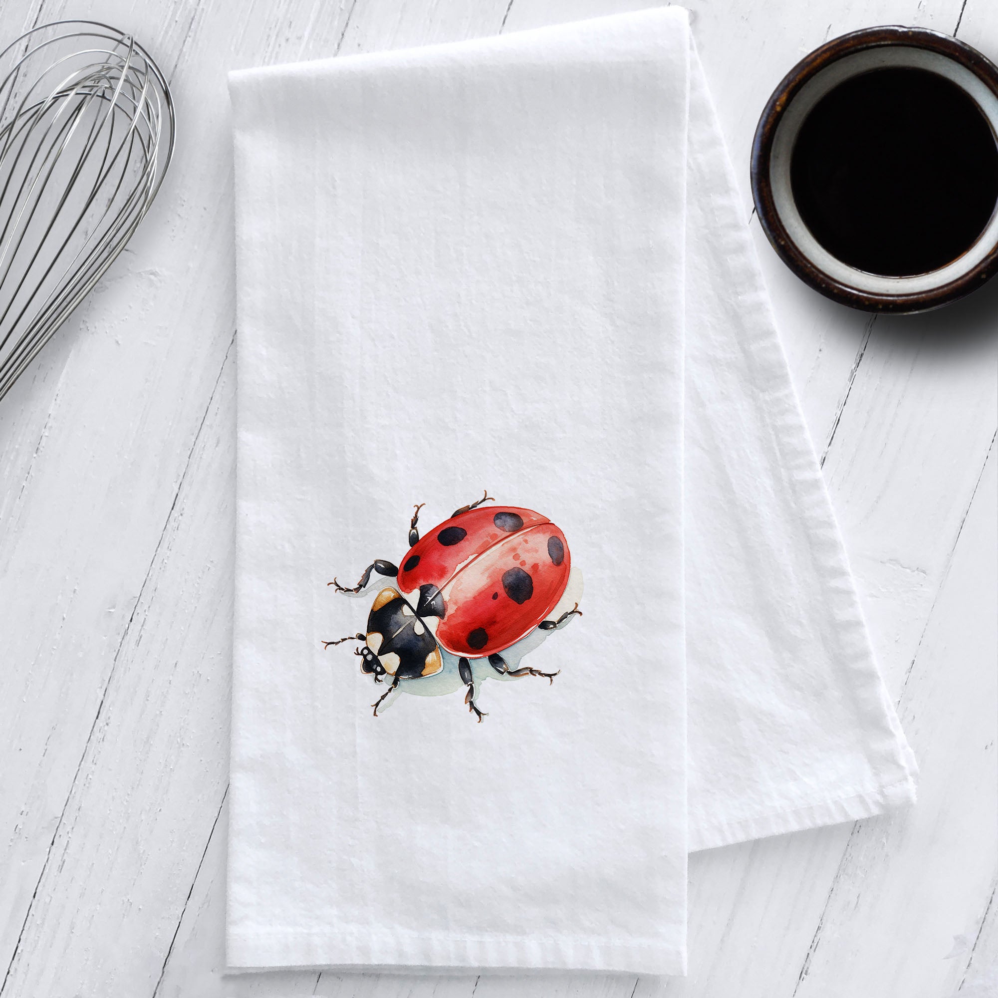 Watercolor Ladybug Kitchen Tea Towel
