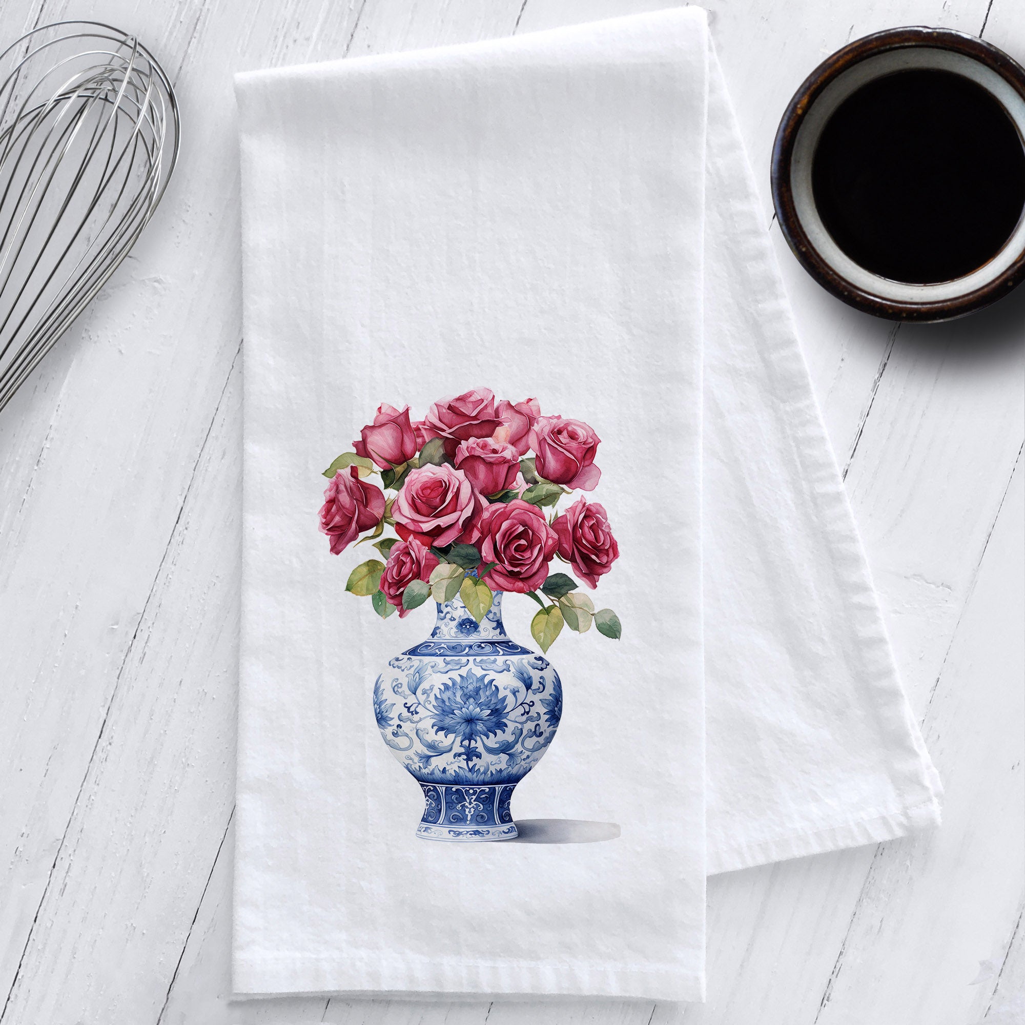 Roses in a Chinoiserie Vase Kitchen Tea Towel