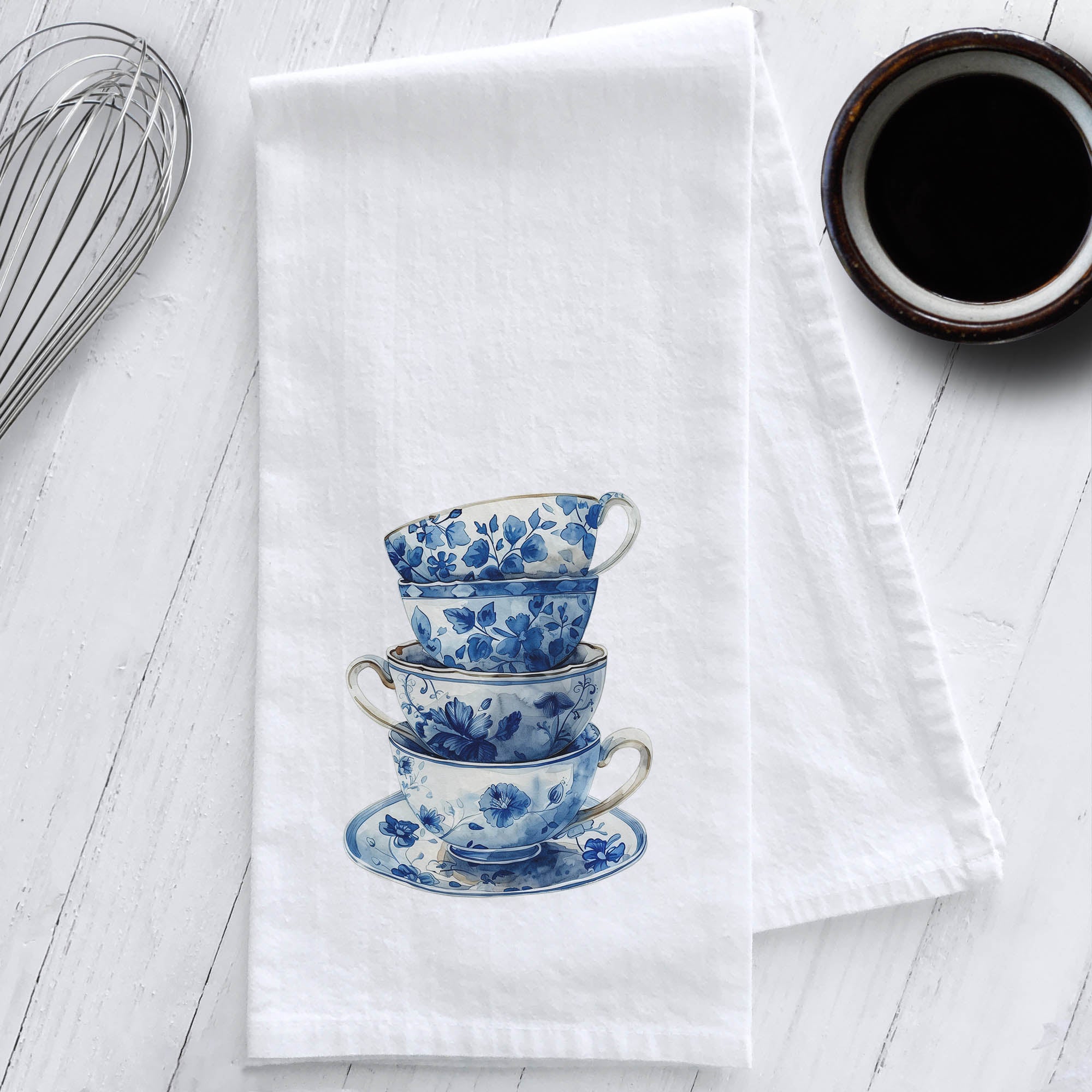 Stacked Blue and White Chinoiserie Teacups Tea Towel