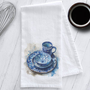Chinoiserie Blue and White Dinnerware Tea Towel