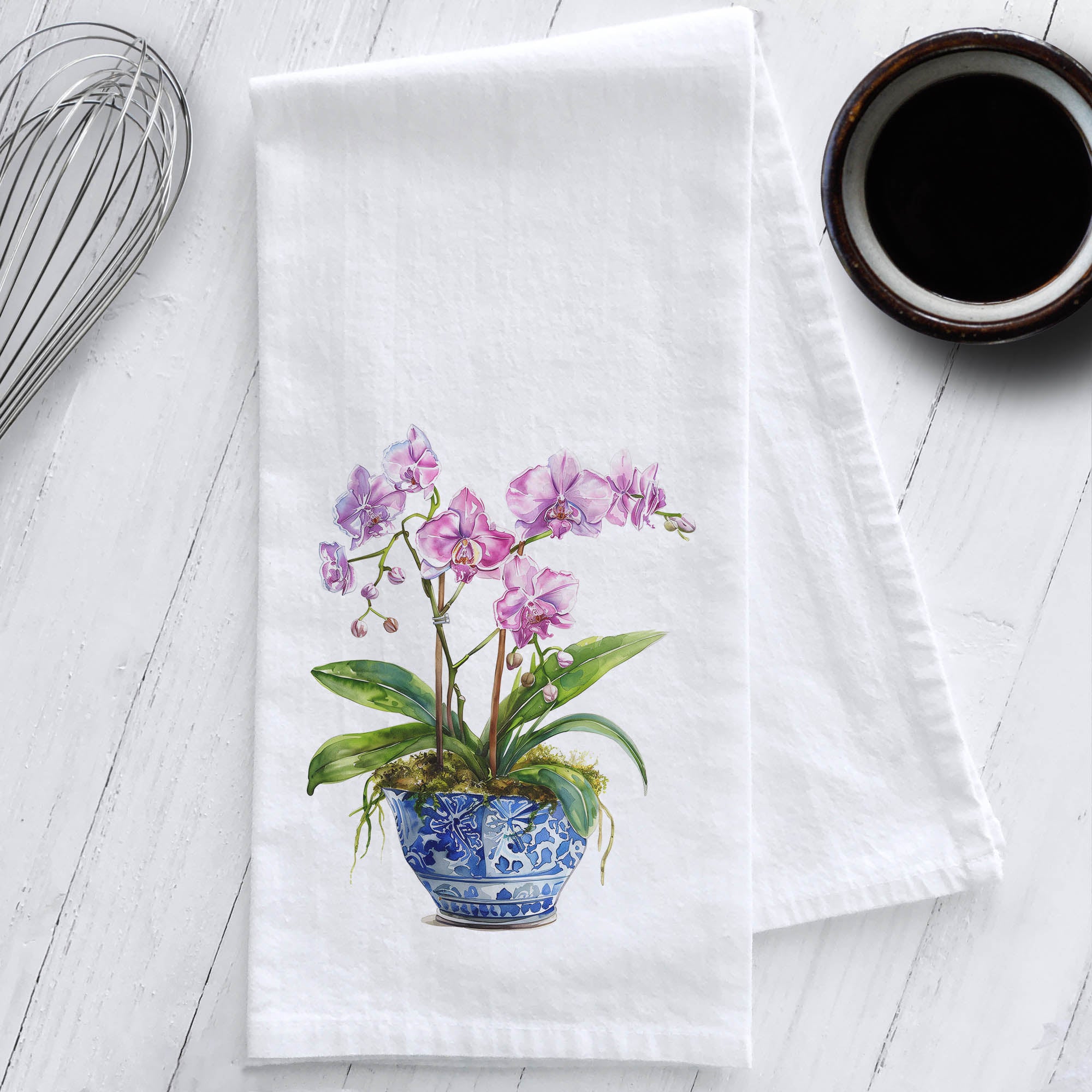 Pink Orchids in a Chinoiserie Planter Tea Towel