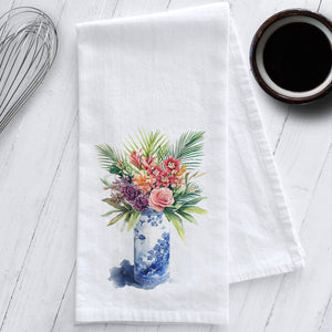 Tropical Flowers in a Chinoiserie Vase Kitchen Tea Towel