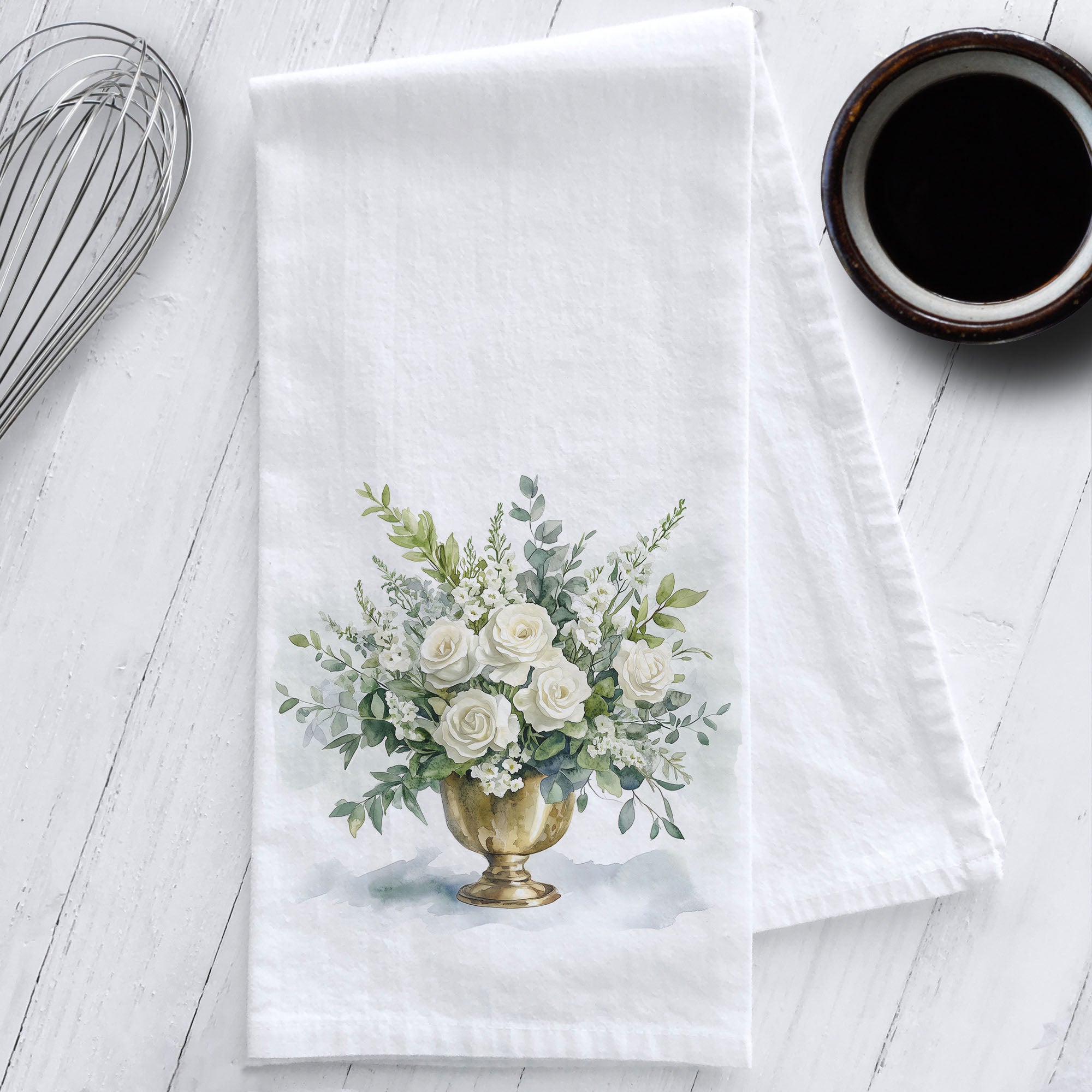 White Florals in a Champagne Bucket Kitchen Tea Towel