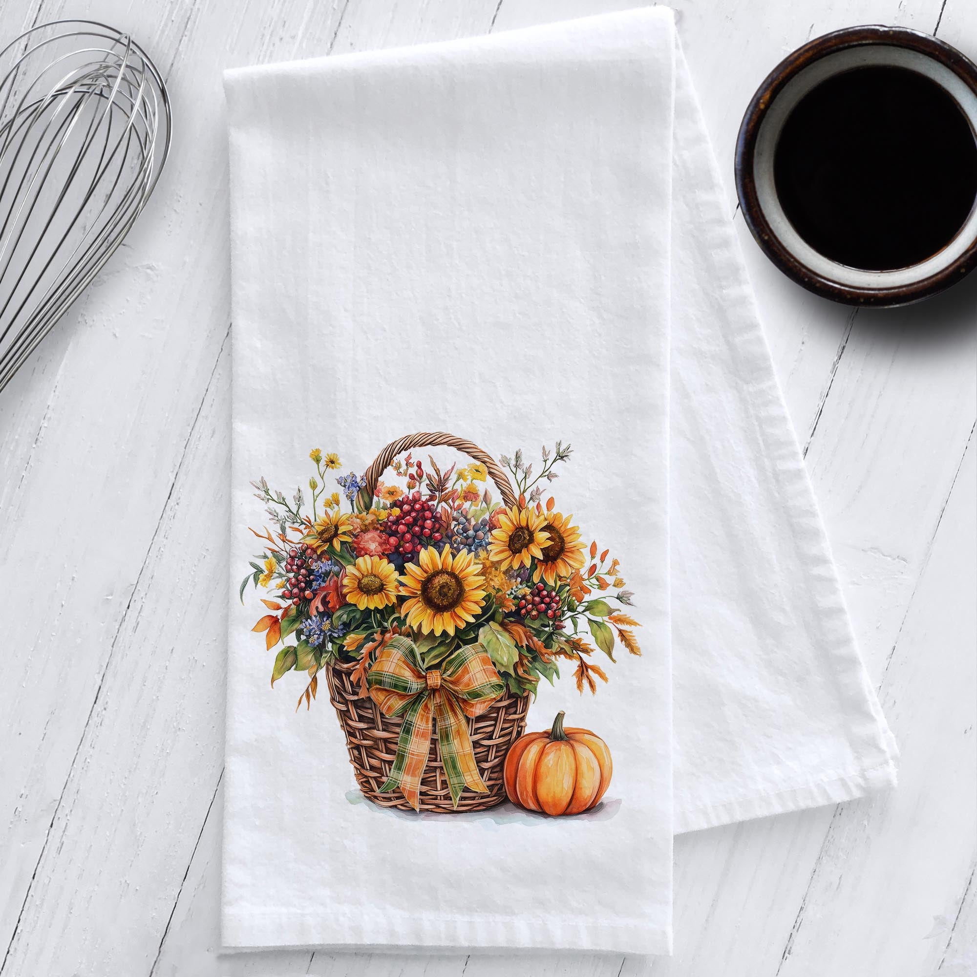 Fall Flowers in a Wicker Basket Kitchen Tea Towel