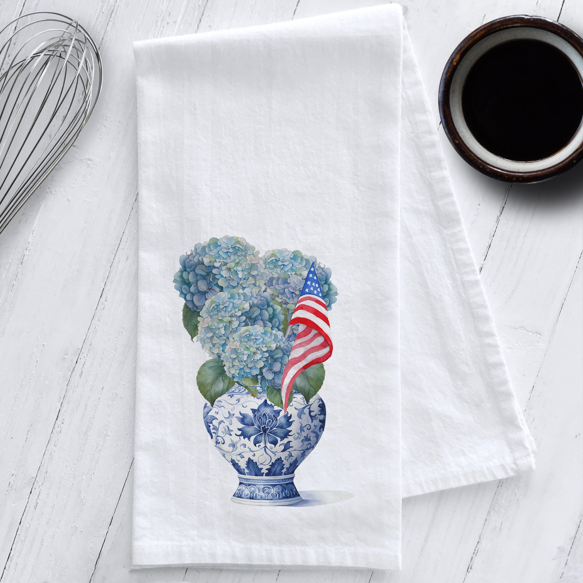 Hydrangeas in a Chinoiserie Vase with an American Flag Tea Towel