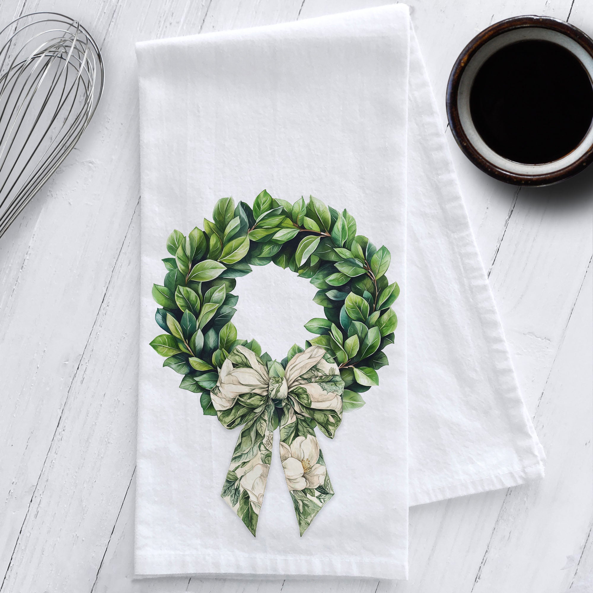 Magnolia Leaf Wreath Kitchen Tea Towel