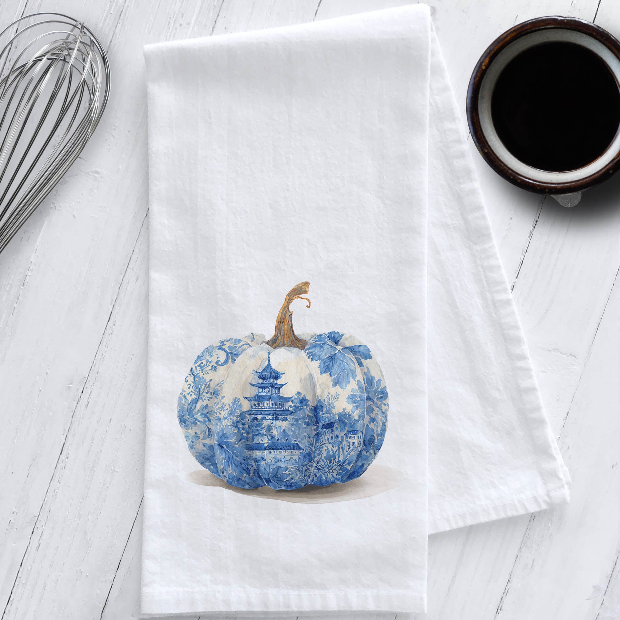 Elegant blue and white Chinoiserie pumpkin tea towel adds timeless fall charm to your kitchen. Perfect for gifting, decor, or entertaining this season.