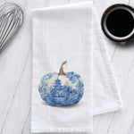 Load image into Gallery viewer, Elegant blue and white Chinoiserie pumpkin tea towel adds timeless fall charm to your kitchen. Perfect for gifting, decor, or entertaining this season.
