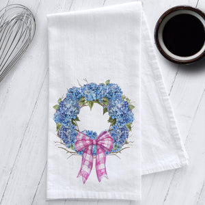 Blue Hydrangea Wreath with a Preppy Bow Kitchen Tea Towel