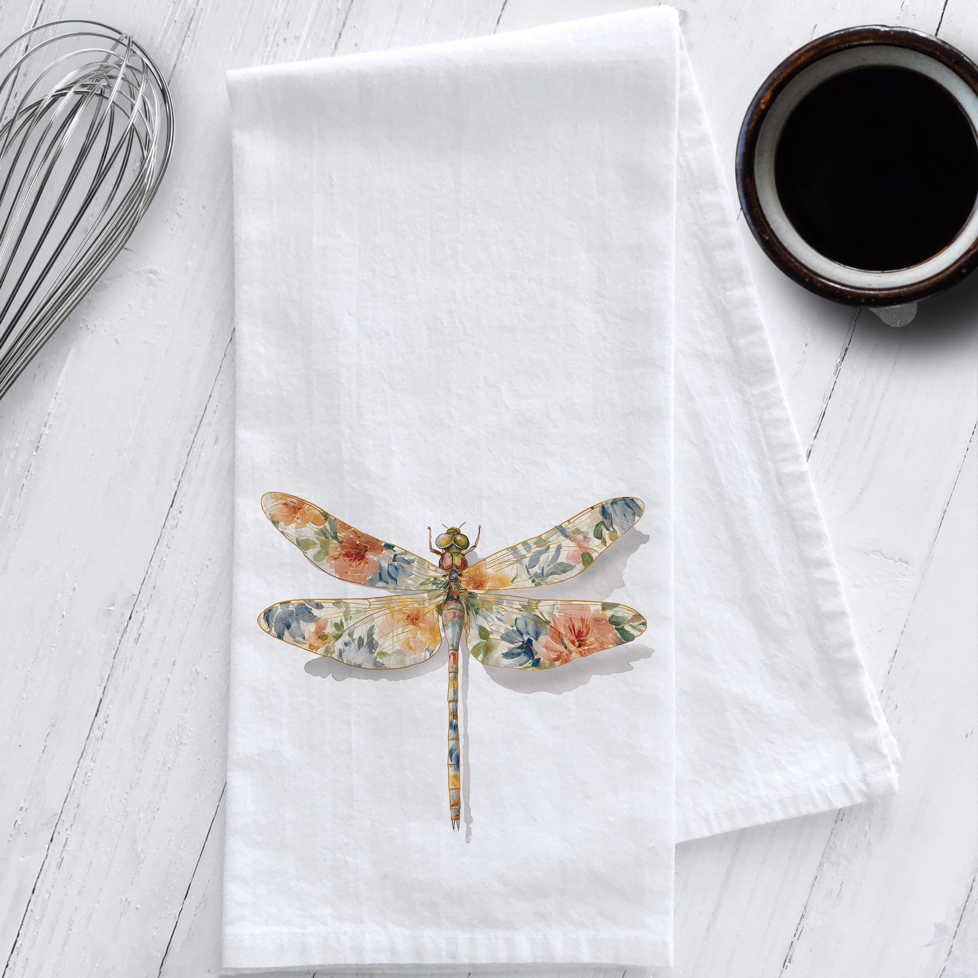 White cotton flour sack tea towel featuring a watercolor dragonfly with cottagecore floral print and gold outlines – farmhouse kitchen decor.
