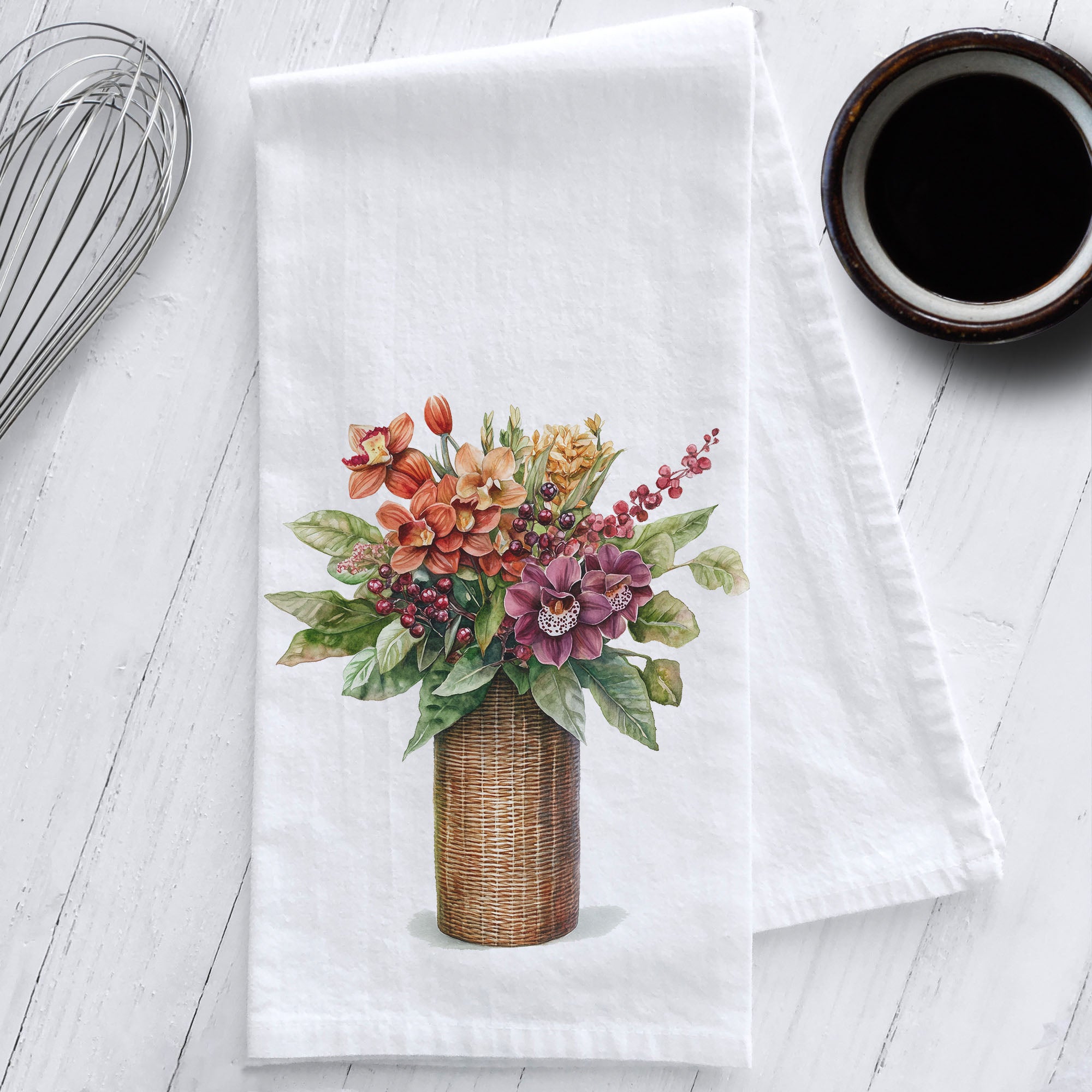 Tropical Flowers in a Wicker Vase Kitchen Tea Towel