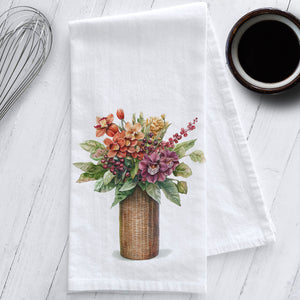 Tropical Flowers in a Wicker Vase Kitchen Tea Towel