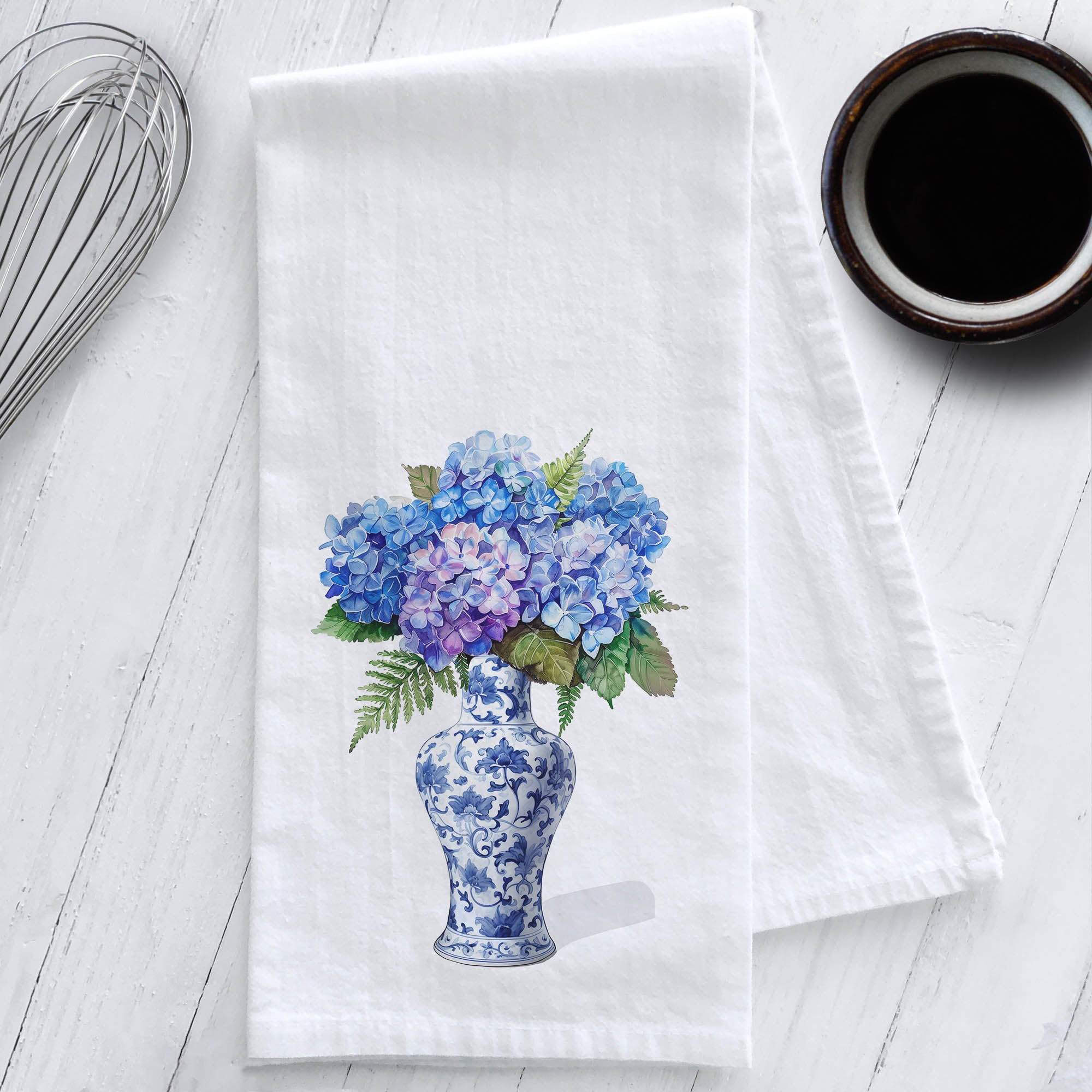 Blue Hydrangeas in a Chinoiserie Vase Kitchen Tea Towel