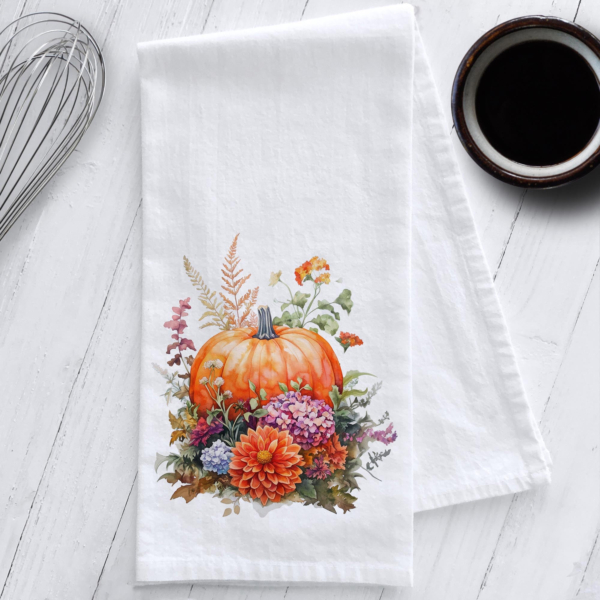 Pumpkin with Fall Flowers Kitchen Tea Towel