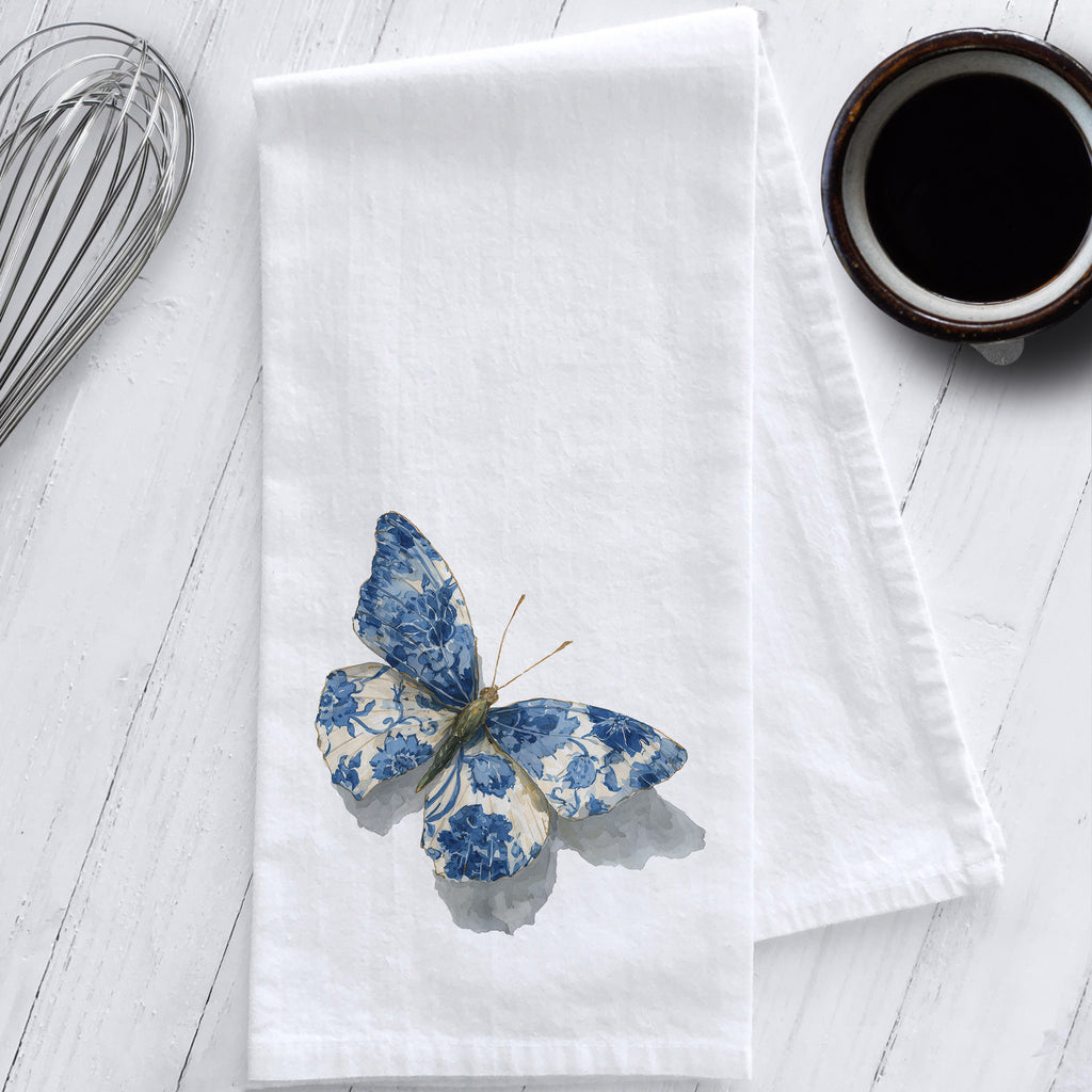 Blue and white chinoiserie butterfly watercolor tea towel – 100% cotton flour sack kitchen towel – farmhouse cottagecore kitchen gift.