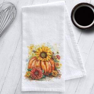 Pumpkin with Fall Flowers Kitchen Tea Towel