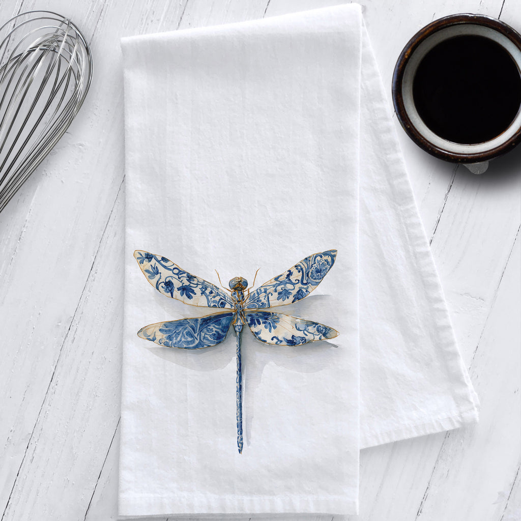 Blue and white chinoiserie dragonfly watercolor flour sack tea towel – artisan 100% cotton kitchen décor and gift idea