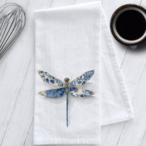 Blue and white chinoiserie dragonfly watercolor flour sack tea towel – artisan 100% cotton kitchen décor and gift idea