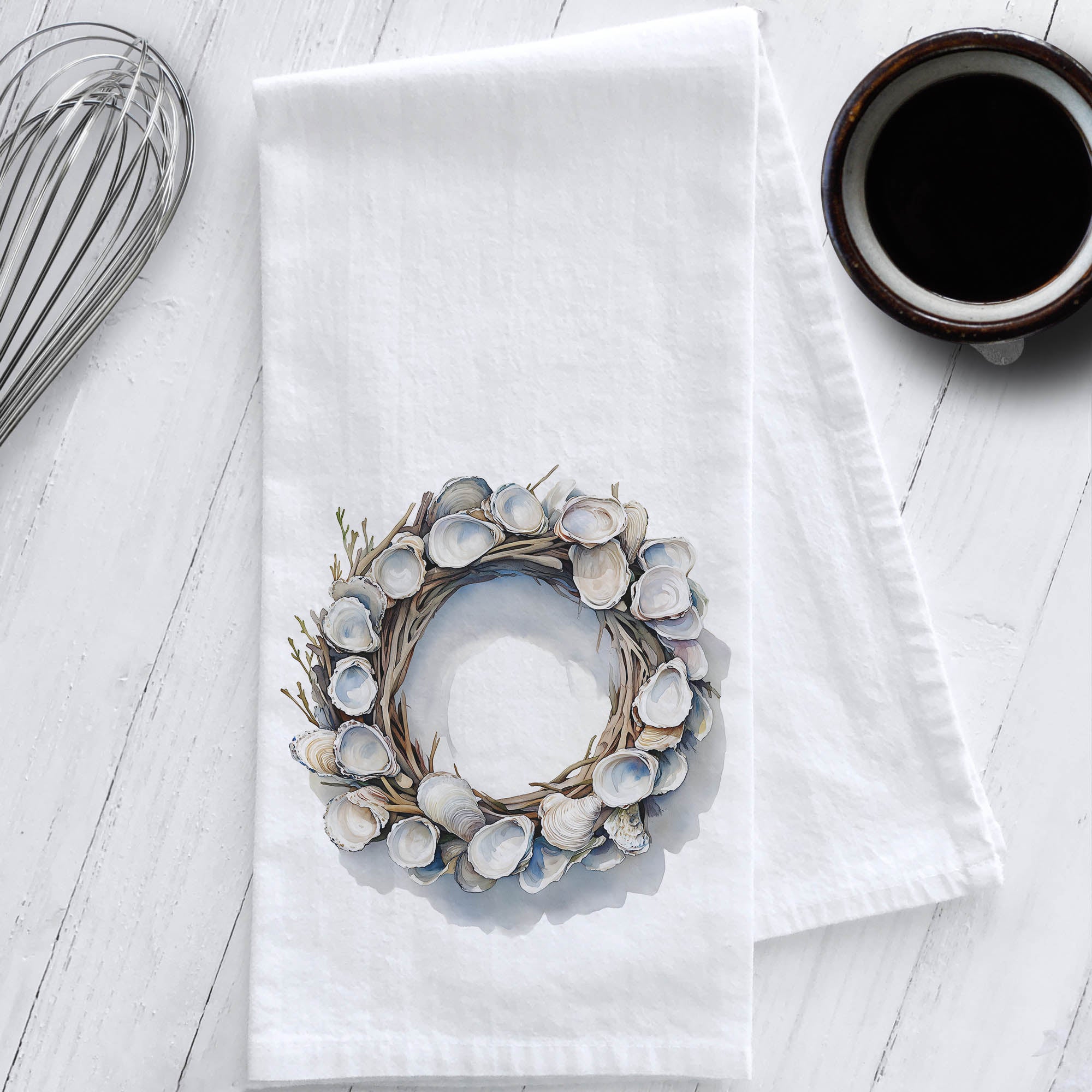 Oyster Shell & Driftwood Wreath Kitchen Tea Towel