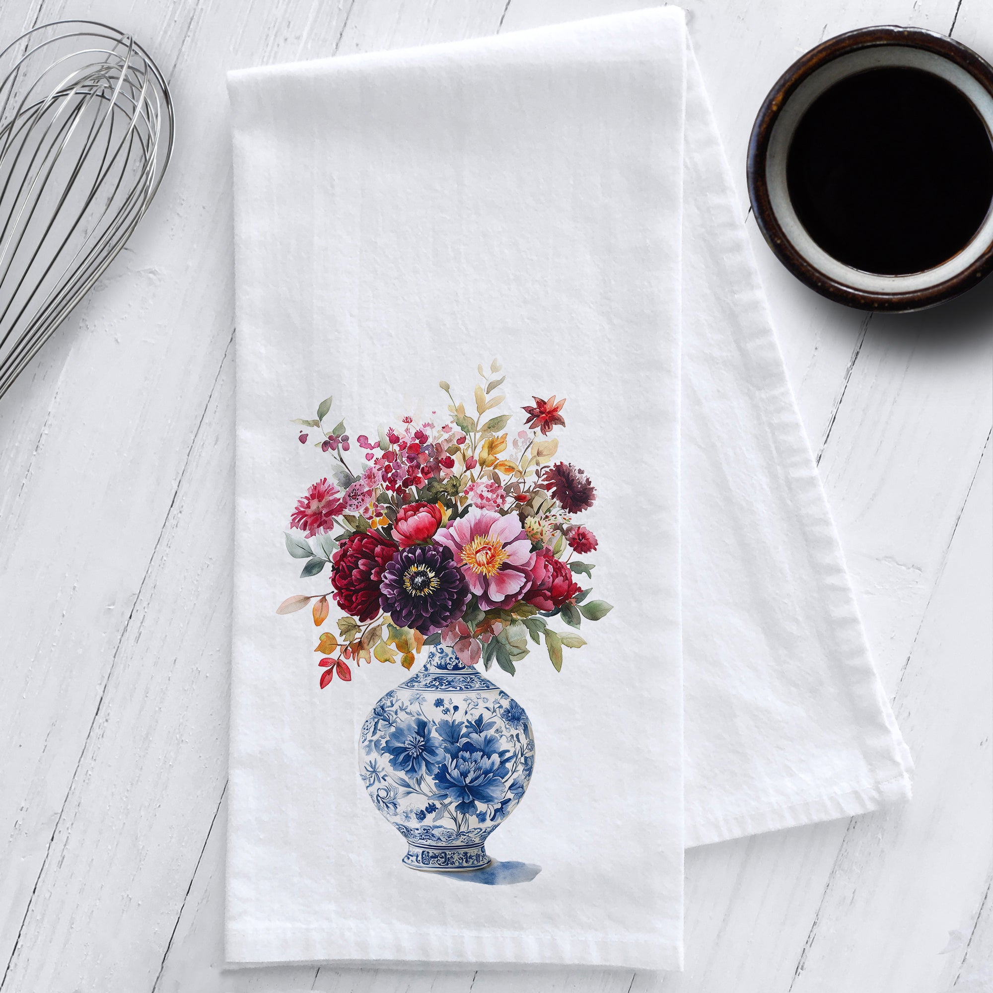 Burgundy Flowers in a Chinoiserie Vase Kitchen Tea Towel