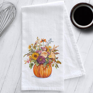 Fall Flowers in a Pumpkin Vase Kitchen Tea Towel