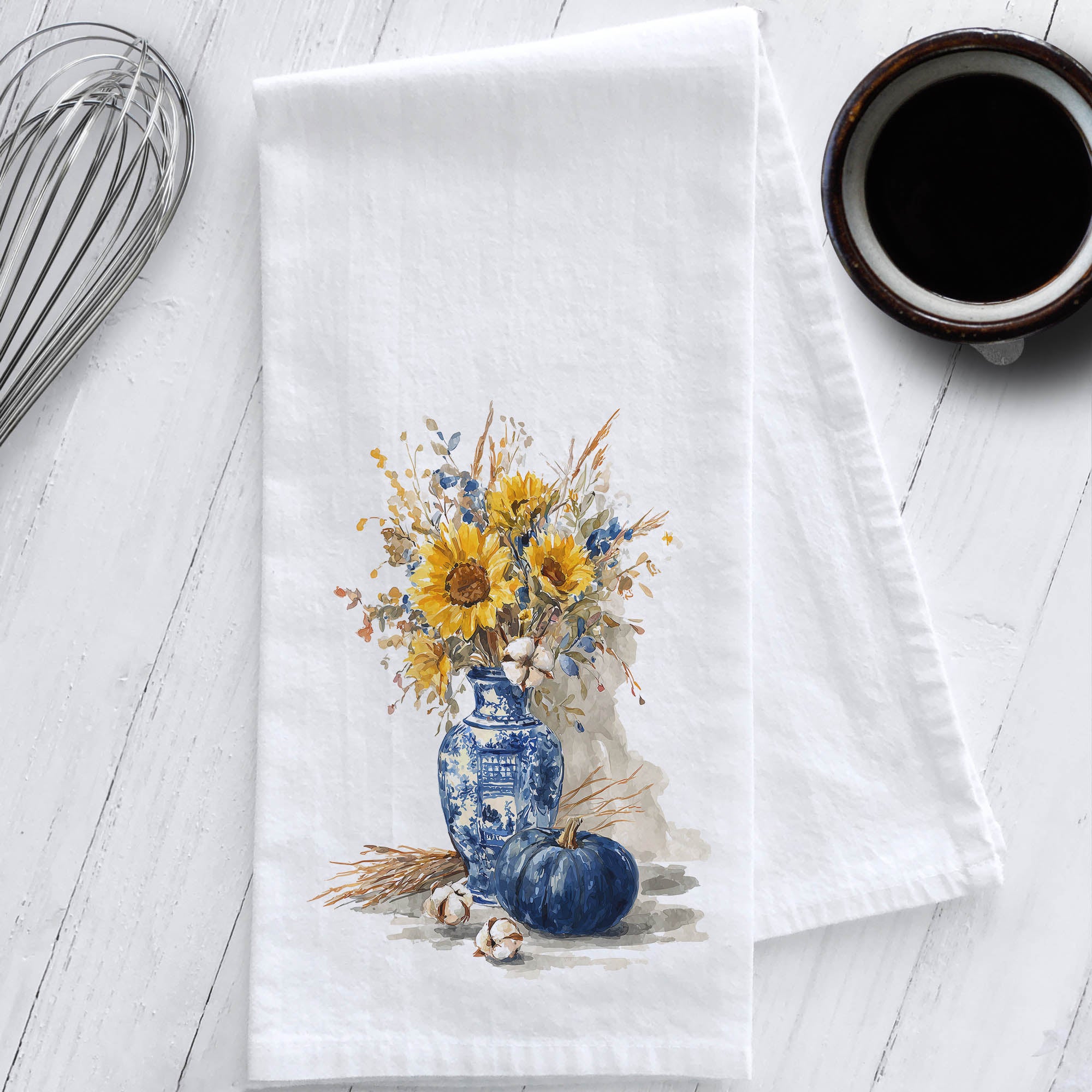 Fall Chinoiserie Tea Towel with Sunflowers & Blue Pumpkin – Autumn Kitchen Decor, Cotton Flour Sack Towel, Watercolor Art Gift