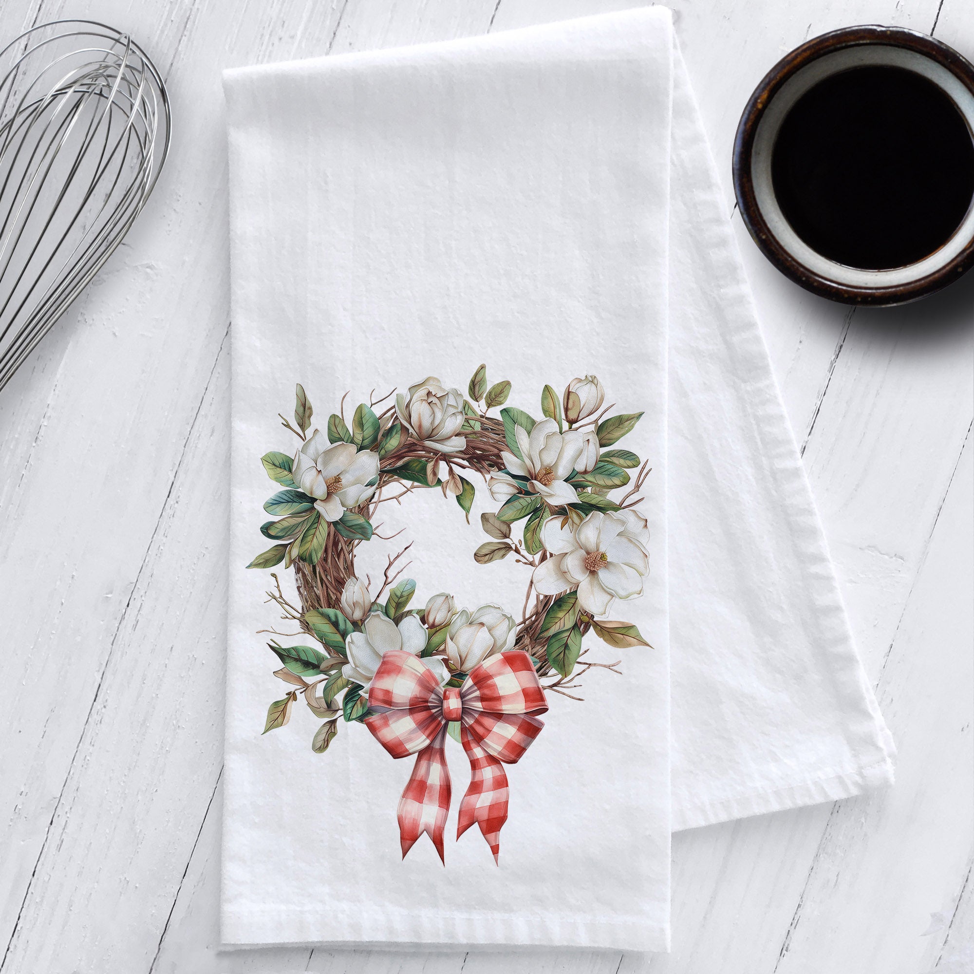 Magnolia Christmas Wreath Kitchen Tea Towel