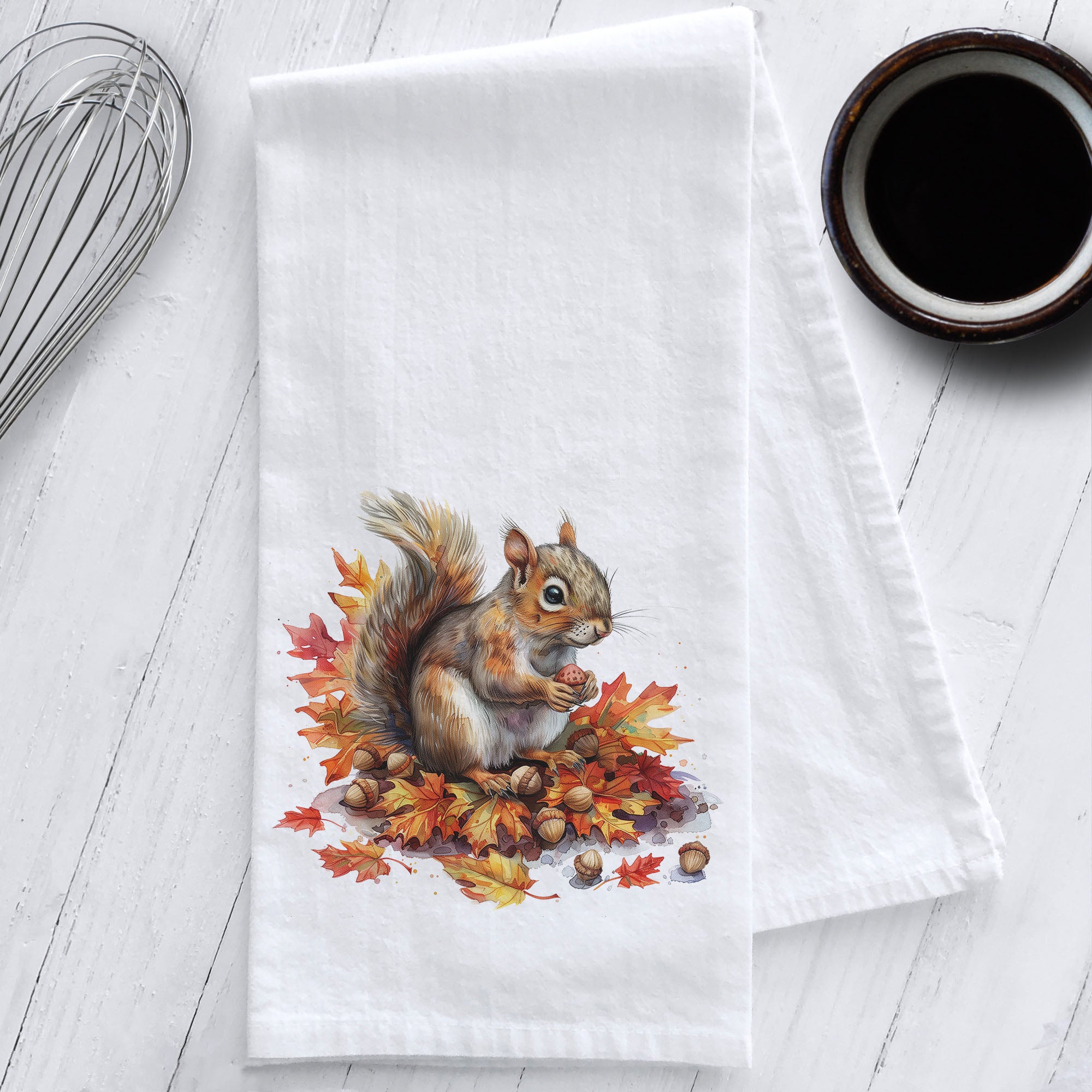 Squirrel with Fall Leaves Kitchen Tea Towel