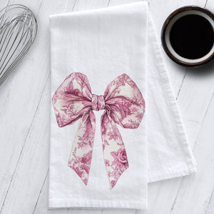 Pink and White French Toile Bow Kitchen Tea Towel