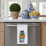 Load image into Gallery viewer, White flour sack tea towel with a blue and white chinoiserie pumpkin printed design.

