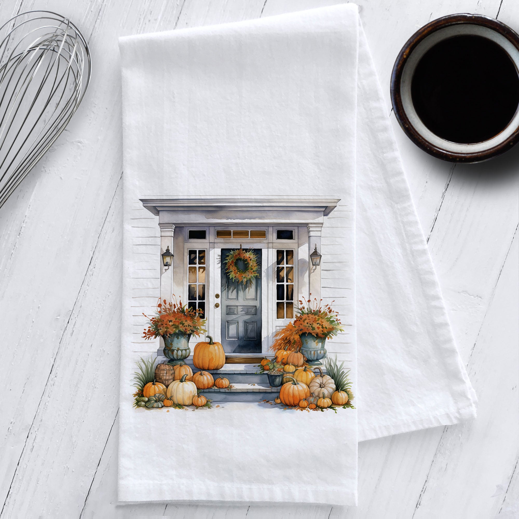 Fall Front Porch with Pumpkins Kitchen Tea Towel