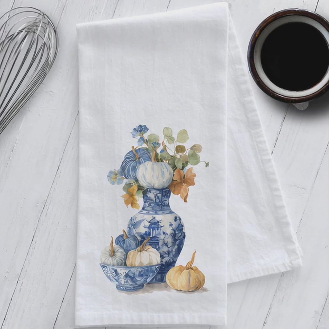 Fall Chinoiserie with Pumpkins Kitchen Tea Towel
