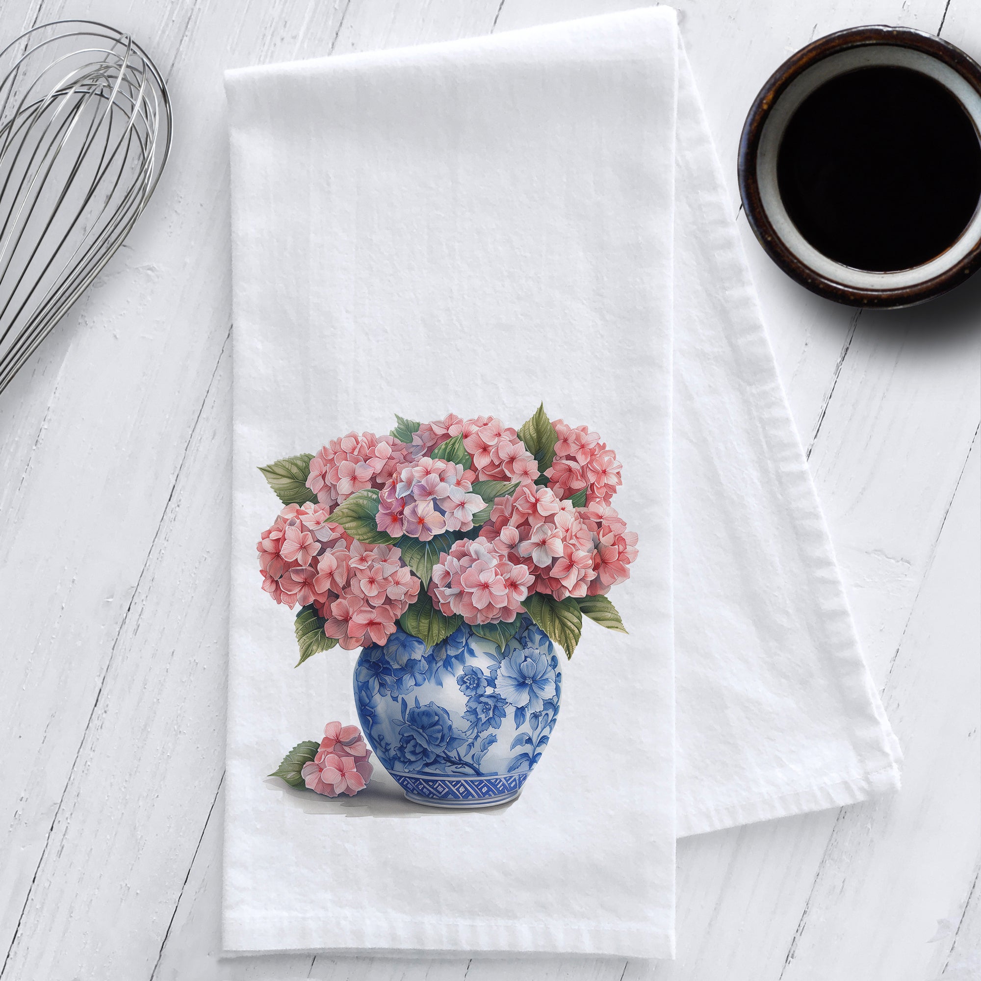 Hydrangeas in a Chinoiserie Vase Tea Towel