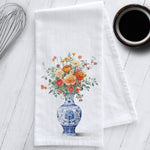 Load image into Gallery viewer, Red and Coral Flowers in a Chinoiserie Vase Kitchen Tea Towel
